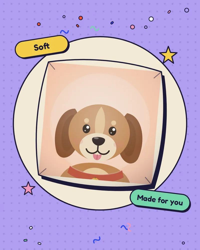 Illustration of a Plumplet cushion printed with a dog portrait inside a round frame