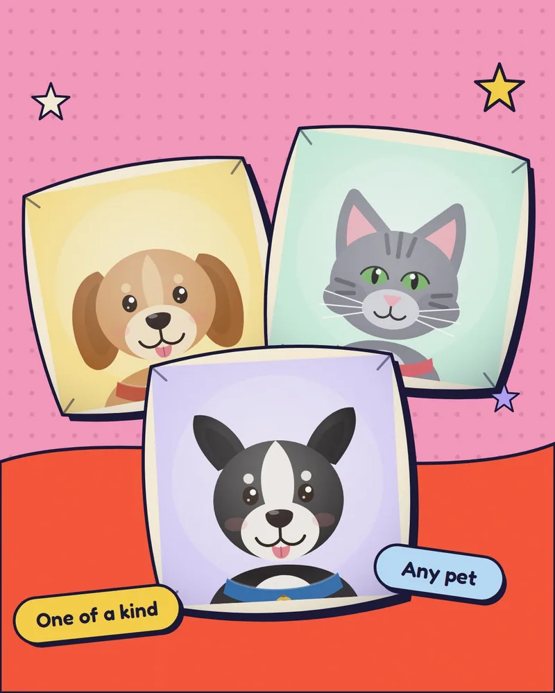 Illustration of three cushions printed with a dog, a cat and a black-and-white dog